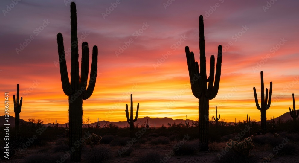 Desert Sunset with Cacti: Silhouette of iconic cacti against a dramatic sunset sky, a fiery blend of orange and pink hues. Desert Sunset with Cacti: Silhouette of iconic cacti against a dramatic sunset sky, a fiery blend of orange and pink hues.