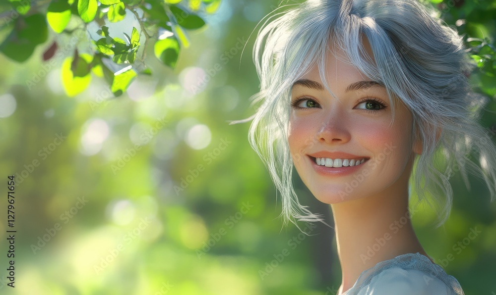 Happy woman with silver hair standing outdoors in a sunny garden, her cheerful smile highlighted by the natural light, soft green background adding depth, Happy woman with silver hair standing outdoors in a sunny garden, her cheerful smile highlighted by the natural light, soft green background adding depth,