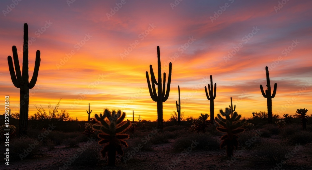 Cactus Silhouettes at Sunset: The desert landscape is punctuated by the striking silhouettes of cacti against a vibrant sunset, creating a captivating contrast of light and shadow. Cactus Silhouettes at Sunset: The desert landscape is punctuated by the striking silhouettes of cacti against a vibrant sunset, creating a captivating contrast of light and shadow.