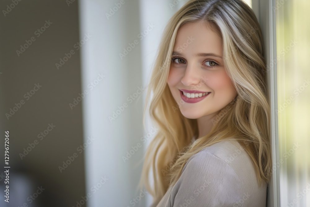 Young blonde woman with long hair and light-colored clothes smiling while leaning against a window, enjoying the natural light and creating a cheerful, peaceful atmosphere indoors Young blonde woman with long hair and light-colored clothes smiling while leaning against a window, enjoying the natural light and creating a cheerful, peaceful atmosphere indoors