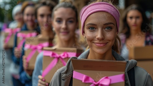 Young women in a line holding boxes with pink ribbons, smiling and looking at camera.