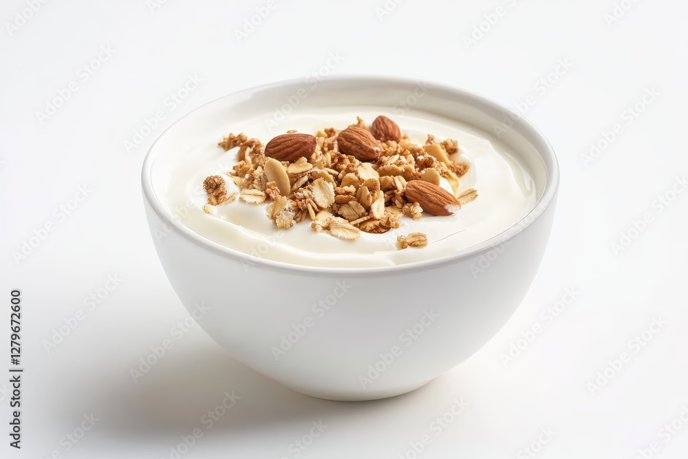 Fresh breakfast bowl of Greek yogurt nuts oatmeal granola and berries on a white backg Fresh breakfast bowl of Greek yogurt nuts oatmeal granola and berries on a white backg