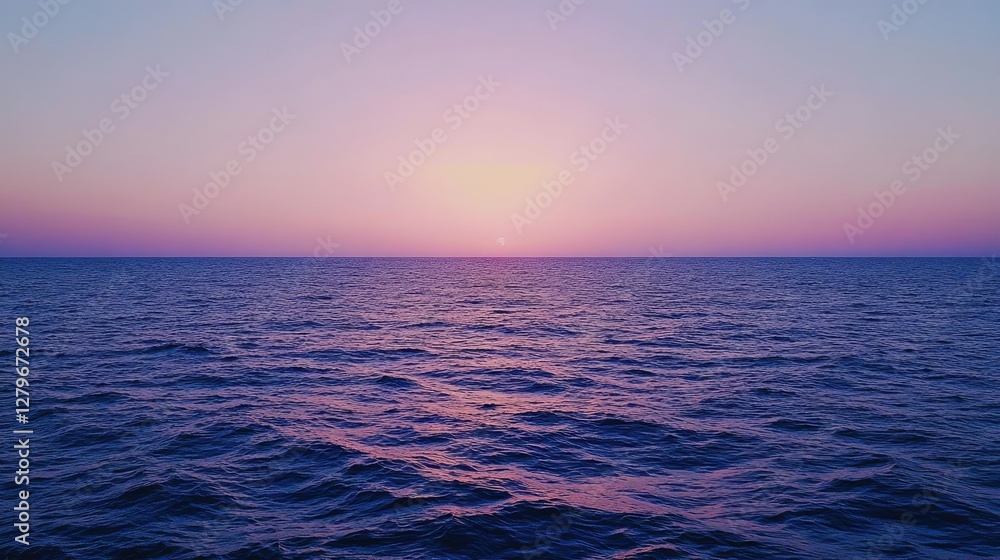 Obraz premium Cape Greco's coastline at dusk, with the horizon painted in pink and orange while the sea sparkles under the fading sunlight.