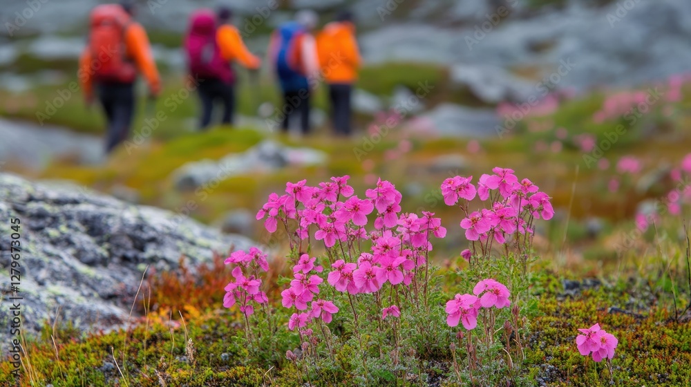 Obraz premium Cluster of Moss Campion flowers growing along a mountain trail, with hikers in the background admiring the alpine scenery.