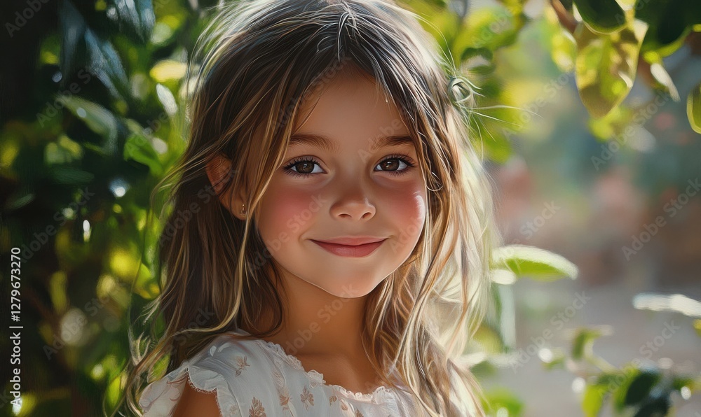 Portrait of a young girl smiling brightly, framed by soft natural light and vibrant greenery in the background, capturing joy and innocence, Portrait of a young girl smiling brightly, framed by soft natural light and vibrant greenery in the background, capturing joy and innocence,