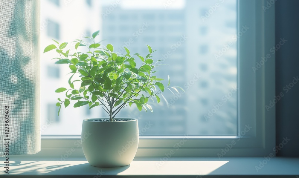 Lush indoor plant placed in a ceramic pot, sitting on a modern windowsill with soft natural light streaming through. Lush indoor plant placed in a ceramic pot, sitting on a modern windowsill with soft natural light streaming through.
