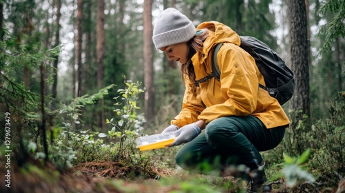 Fototapeta Naklejka Na Ścianę i Meble -  Woman examining plants in forest, nature study, research