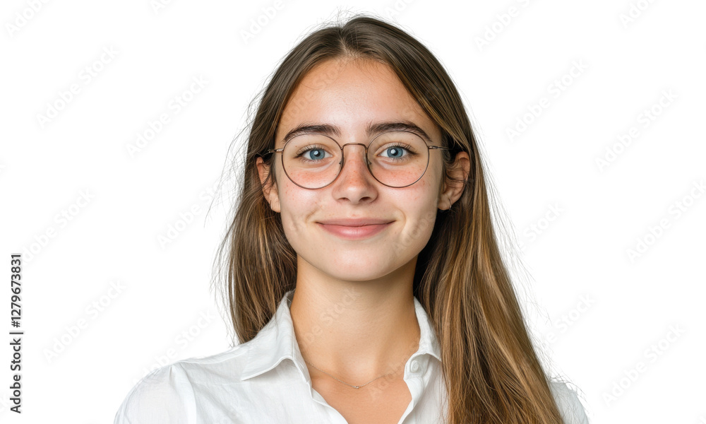 Young woman smiling confidently in a professional setting with natural light Young woman smiling confidently in a professional setting with natural light