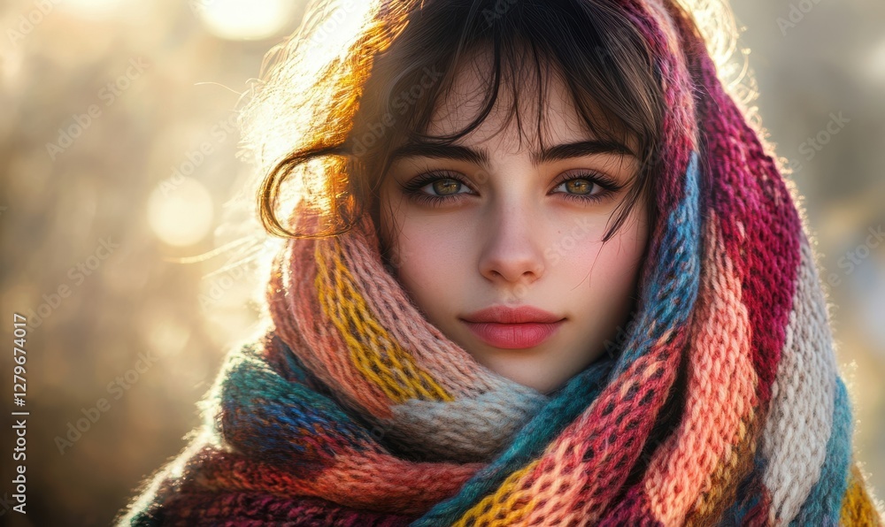 Romantic portrait of a young woman wrapped in a colorful knitted scarf, soft natural light illuminating her serene expression, evoking warmth and comfort, Romantic portrait of a young woman wrapped in a colorful knitted scarf, soft natural light illuminating her serene expression, evoking warmth and comfort,