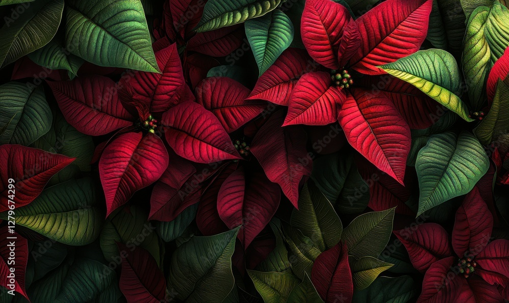 Vibrant close-up of poinsettia flowers in deep red and green tones, soft natural light illuminating delicate petals, evoking a festive holiday mood, Vibrant close-up of poinsettia flowers in deep red and green tones, soft natural light illuminating delicate petals, evoking a festive holiday mood,