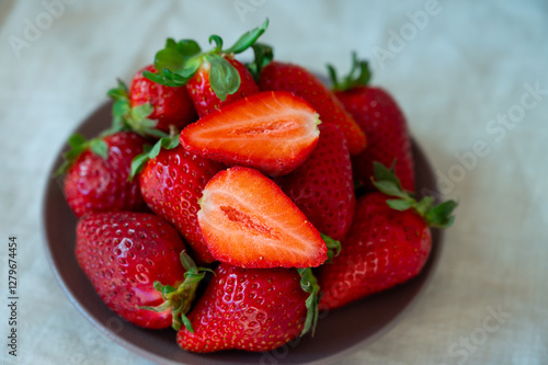 New harvest, plate with bio ripe red sweet strawberry from Tenerife, Canary islands, Spain, vegetarian food local grown fruits