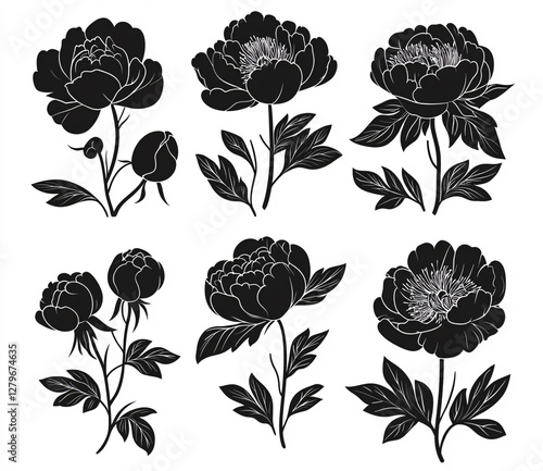 Collection of elegant black peony silhouettes on white background for creative design projects