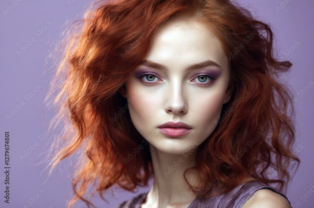 Fototapeta premium Beautiful confident photo model showcases vibrant makeup against a pastel color background in a studio setting, people and skincare, fashion theme concept.