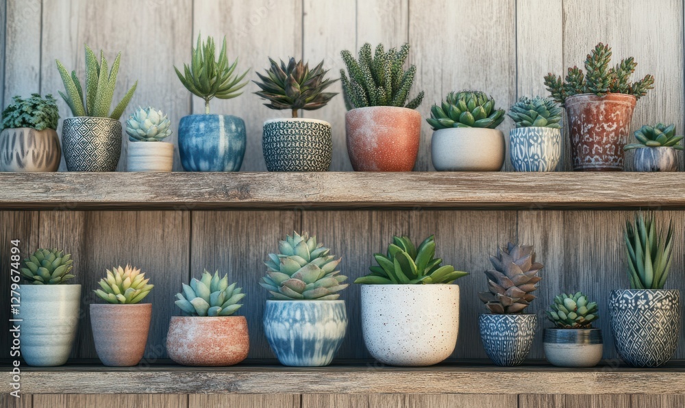 Fototapeta premium Vibrant display of succulents in a variety of ceramic pots arranged on a rustic wooden shelf, soft natural light highlighting the textures and colors,