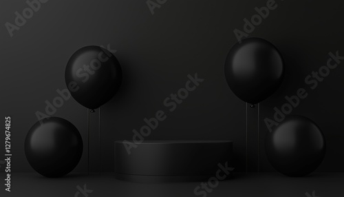 Dark Black Balloon Pedestal Abstract Mockup Featuring Geometric Shapes And Podiums For Product Presentation In A Cosmetic Studio Room Composition Showcase. photo