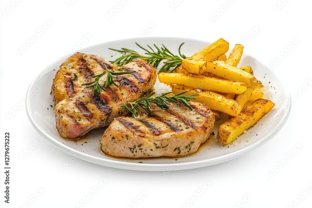 Grilled meat and fries on a white plate Grilled meat and fries on a white plate