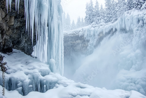 A frozen waterfall trapped in mid motion, with icicles hanging like crystal daggers and mist rising from the snow covered landscape.