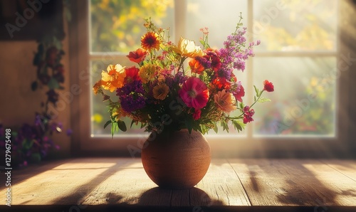 Wallpaper Mural Vibrant floral arrangement in a rustic vase placed on a wooden table, sunlight streaming in from a nearby window, adding warmth and beauty, Torontodigital.ca
