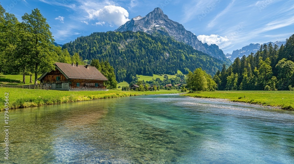 Pristine Swiss nature at Rosenlaui, with the Wellhorn mountain and the Reichenbach River winding through the valley in the Canton of Bern Pristine Swiss nature at Rosenlaui, with the Wellhorn mountain and the Reichenbach River winding through the valley in the Canton of Bern
