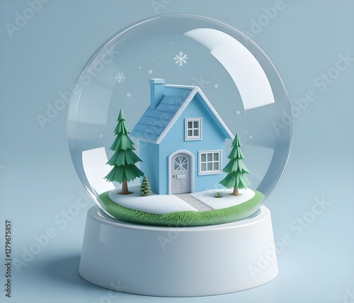3D stylized snow globe;  transparent glass sphere;  miniature blue house;  simple triangular roof;  small, stylized evergreen trees;  green grassy base;  clear, smooth glass;  glossy, simple design;  