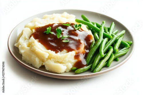 Holiday dinner plate featuring gravy covered mashed potatoes and green beans