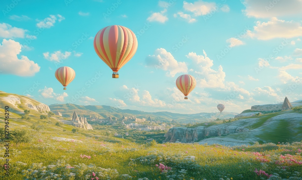 Fototapeta premium Vibrant hot air balloons floating gracefully above a lush green landscape, soft pastel tones blending into a bright blue sky, serene summer mood,