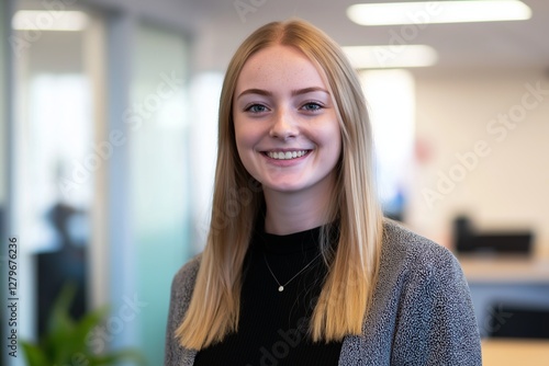 Free Download Smiling young businesswoman exuding confidence and professionalism in a bright, modern office environment, embodying success and ambition in her career - GFXLoad
