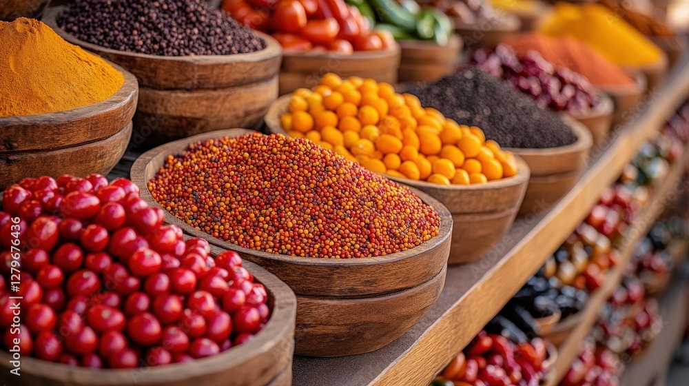 Vibrant spices and berries displayed in rustic wooden bowls at a bustling market. A colorful and aromatic scene showcasing the diversity of ingredients. Vibrant spices and berries displayed in rustic wooden bowls at a bustling market. A colorful and aromatic scene showcasing the diversity of ingredients.