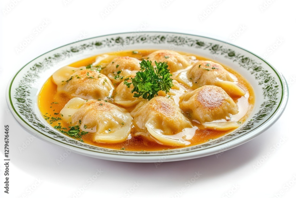 Hungarian dumpling soup served on a dish Hungarian dumpling soup served on a dish