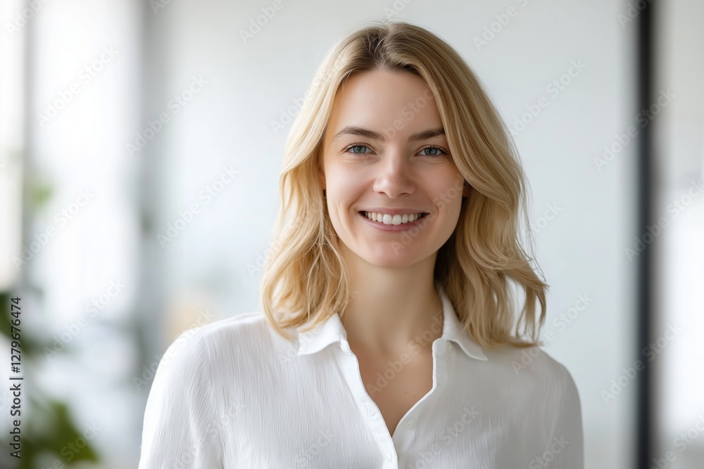 Headshot portrait of happy millennial businesswoman wearing white shirt, looking at camera with cheerful toothy smile, posing in modern office, showing confidence and success Headshot portrait of happy millennial businesswoman wearing white shirt, looking at camera with cheerful toothy smile, posing in modern office, showing confidence and success