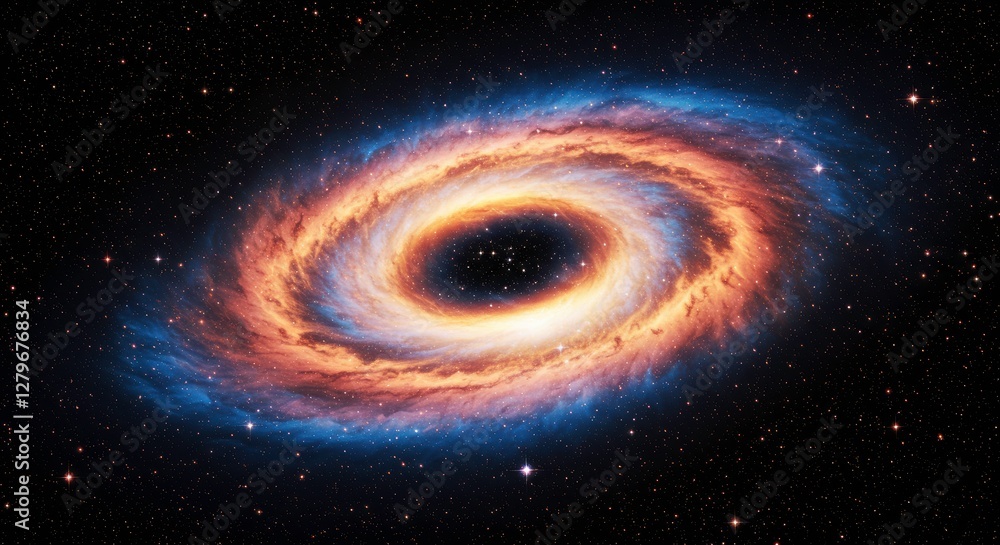 Fototapeta premium Celestial Vortex: A mesmerizing view of a spiral galaxy, its swirling arms painted with fiery oranges and cool blues, against a backdrop of countless stars.