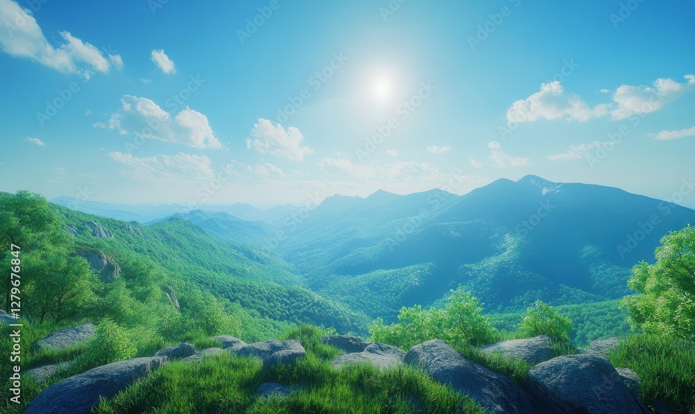 Naklejka premium Scenic mountain landscape with a clear blue sky, evoking feelings of peace, serenity, and nature's wonders.