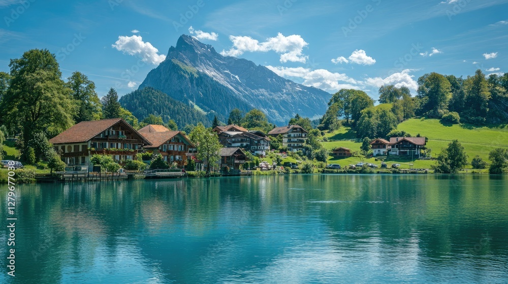 Fototapeta premium Swiss summer dream the lush greenery of Rosenlaui, crystal-clear waters of the Reichenbach River, and the towering Wellhorn in the background