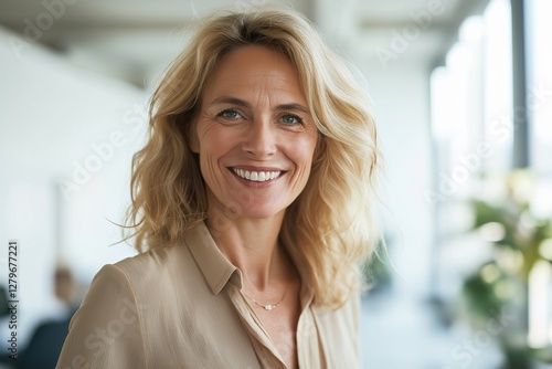 Free Download Smiling businesswoman enjoying her successful career in a modern office, radiating confidence and positivity while embracing her professional journey and achievements - GFXLoad