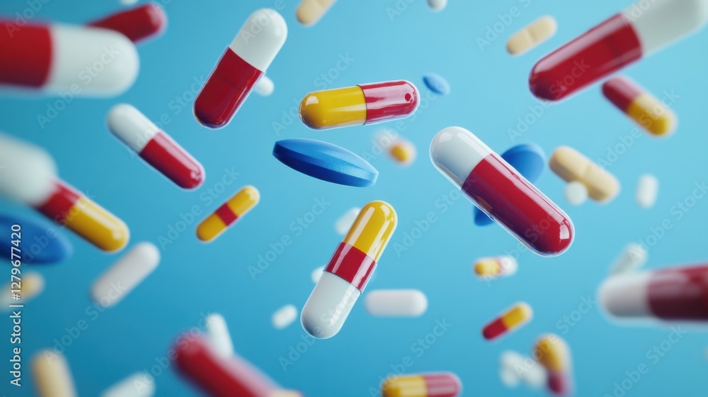 A shower of pills falling against a blue background, symbolizing healthcare, medicine, pharmaceuticals, and treatment, with a clean and modern aesthetic A shower of pills falling against a blue background, symbolizing healthcare, medicine, pharmaceuticals, and treatment, with a clean and modern aesthetic