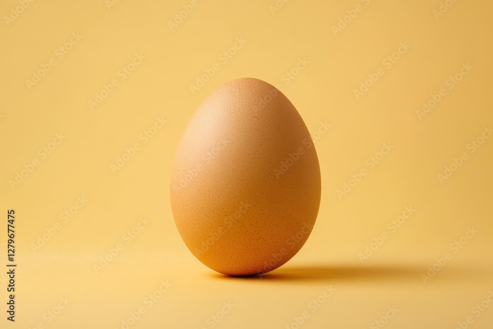 A single brown egg stands against a pale yellow background A single brown egg stands against a pale yellow background