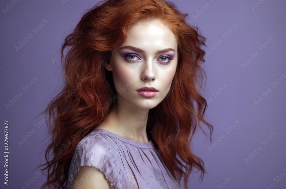 Obraz premium Beautiful confident photo model showcases vibrant makeup against a pastel color background in a studio setting, people and skincare, fashion theme concept.