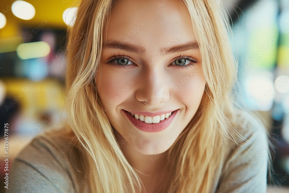 Obraz premium Close-up portrait of beautiful smiling young blonde woman with perfect white teeth showing happiness and confidence in a blurred indoor environment