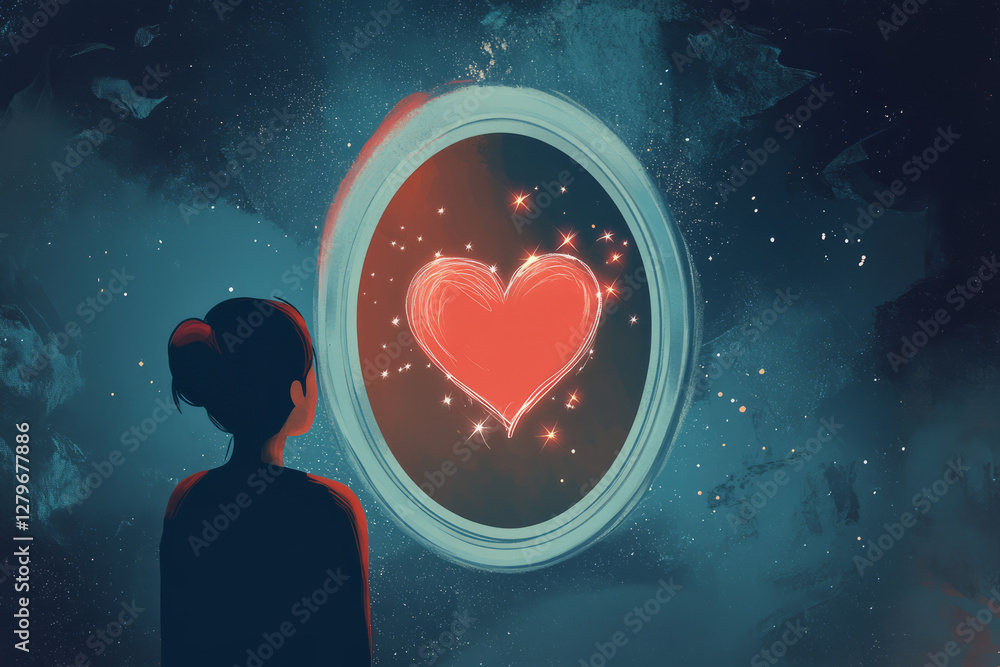 A digital illustration showing a person looking into a mirror where instead of their reflection, there a glowing heart surrounded by stars, symbolizing the journey of self acceptance and unconditional