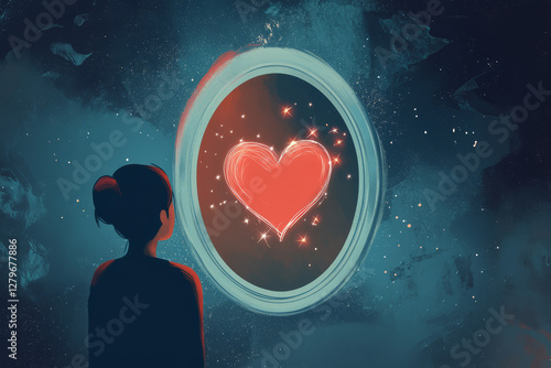 Obraz na płótnie A digital illustration showing a person looking into a mirror where instead of their reflection, there a glowing heart surrounded by stars, symbolizing the journey of self acceptance and unconditional w salonie