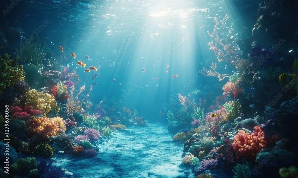 Naklejka premium Vibrant underwater scene featuring a woman snorkeling through clear blue water surrounded by coral reefs and tropical fish, bright sunlight streaming through,