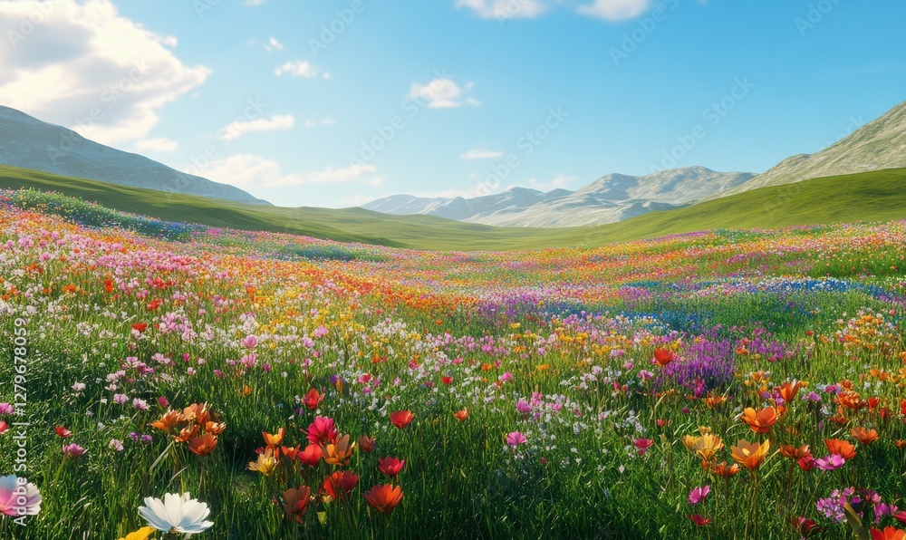 Scenic view of a colorful meadow filled with spring flowers under a clear blue sky, soft sunlight casting gentle shadows on the vibrant landscape, Scenic view of a colorful meadow filled with spring flowers under a clear blue sky, soft sunlight casting gentle shadows on the vibrant landscape,