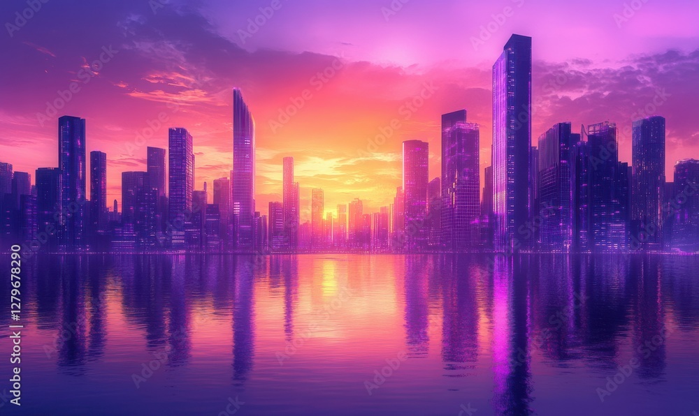 Scenic view of a modern city skyline at twilight, vibrant hues of purple and orange reflecting off glass buildings, calm water adding serenity, Scenic view of a modern city skyline at twilight, vibrant hues of purple and orange reflecting off glass buildings, calm water adding serenity,