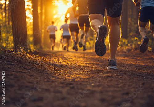Close-up of athletic legs running on a forest trail during a vibrant sunset