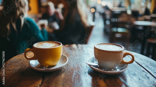 Two lattes on wooden table in cafe photo