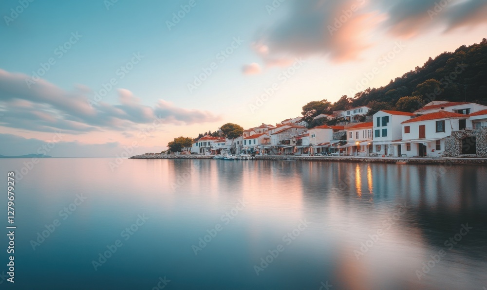 Wide-angle shot of a serene coastal town at dawn, soft light reflecting on calm waters and quaint house Wide-angle shot of a serene coastal town at dawn, soft light reflecting on calm waters and quaint house