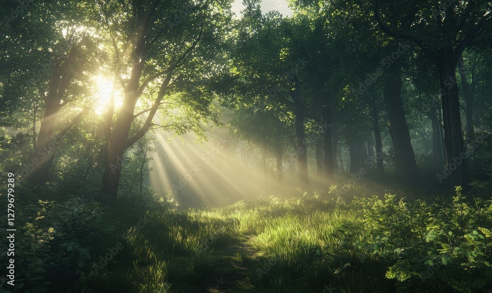 Wide shot of a serene forest with sunlight streaming through the trees, creating a magical natural glow. Wide shot of a serene forest with sunlight streaming through the trees, creating a magical natural glow.