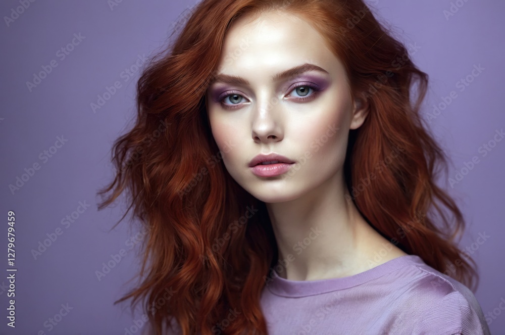 Fototapeta premium Beautiful confident photo model showcases vibrant makeup against a pastel color background in a studio setting, people and skincare, fashion theme concept. 