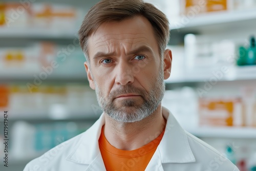 Portrait of a serious male pharmacist wearing a lab coat standing in a pharmacy looking directly at the camera with shelves full of medicine boxes in the background photo