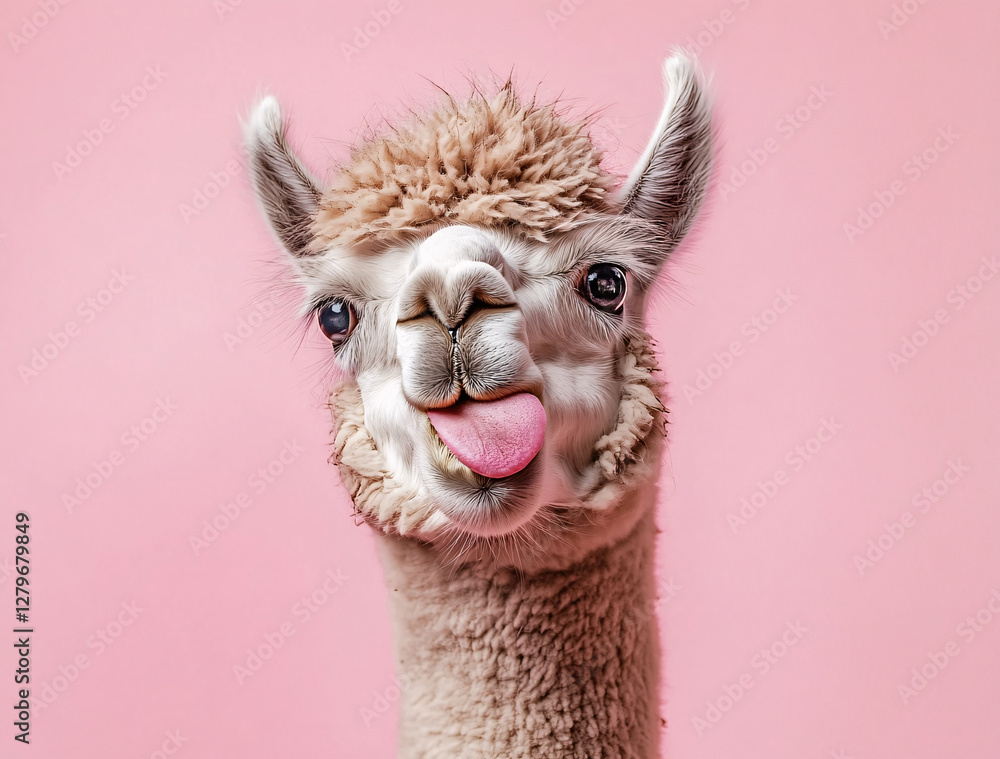 Fototapeta premium Playful alpaca with tongue out, laughing joyfully against a pastel pink background